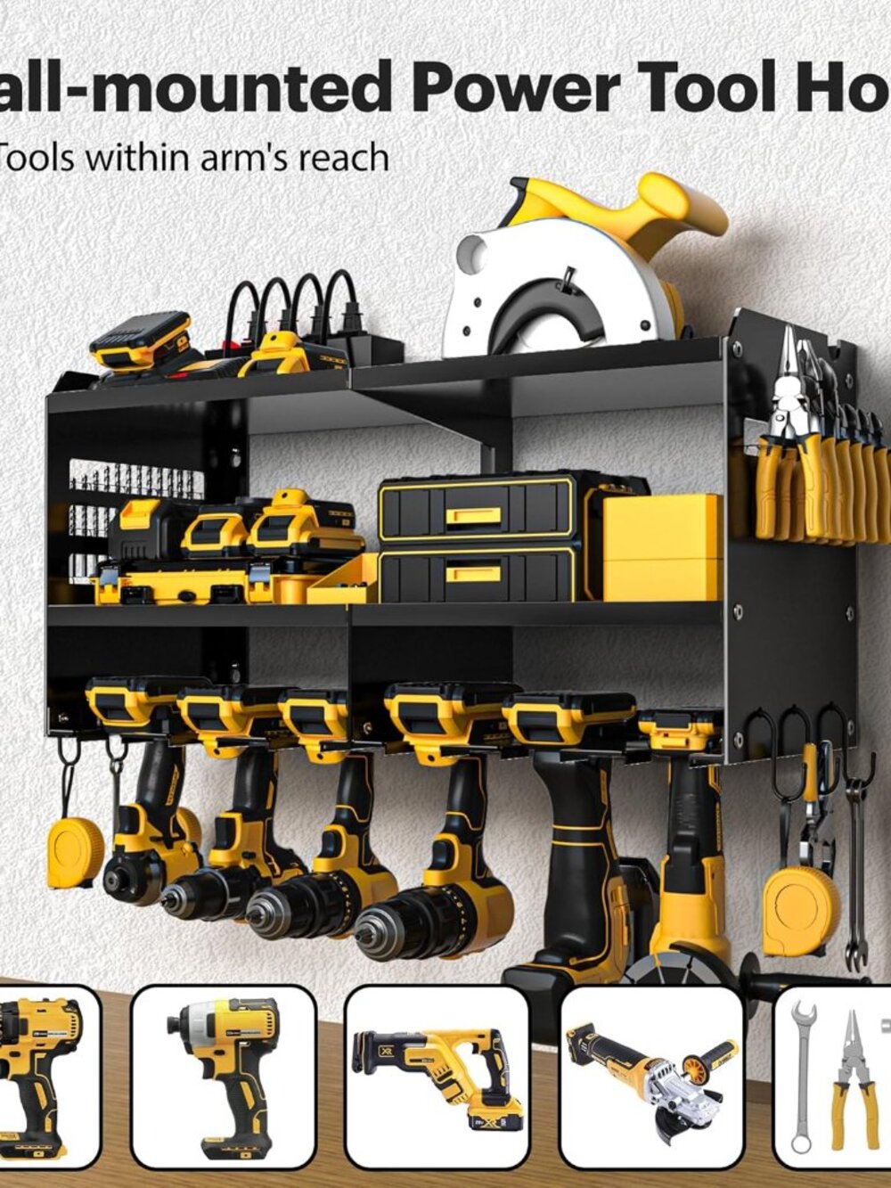 Power Tool Organizer Wall Mount with Charging Station, 3 Layer Heavy Duty Metal - Picture 4 of 8
